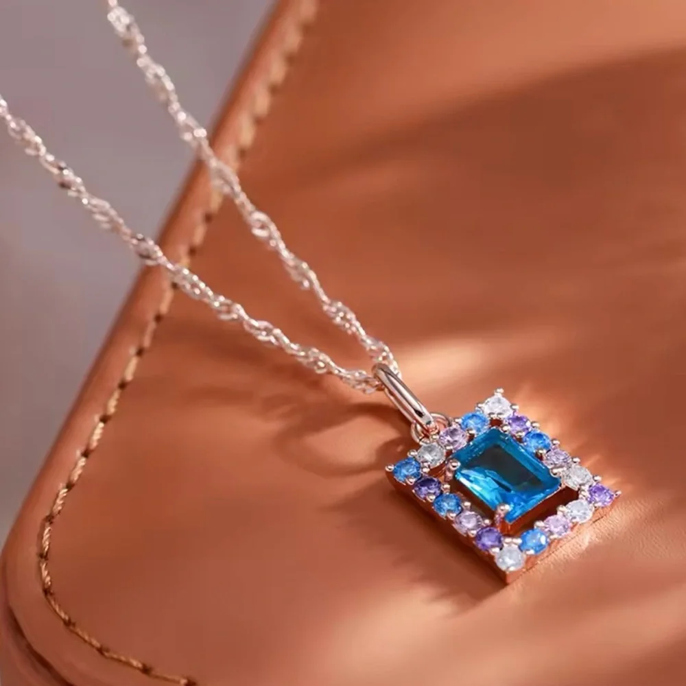 585 Rose Gold Square Pendant Necklace for Women Blue Natural Zircon Necklaces